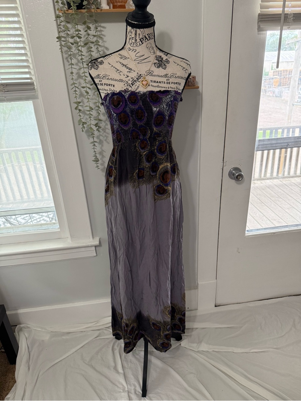 Justify y2k boho maxi dress with peacock feathers